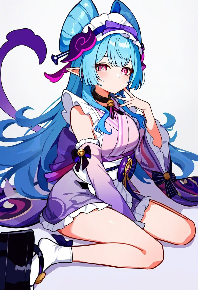 1girl,yumemizuki mizuki,solo,long hair,pointy ears,japanese clothes,detached sleeves,purple kimono,kimono,apron,socks,white socks,okobo,pink eyes,maid headdress,tabi,sandals,platform footwear,tail,wa maid,blue hair,headdress,cone hair bun,maid,frills,bare shoulders,white apron,obi,hair bun,sash,long sleeves,black footwear,bell,
wariza, 
newest,absurdres,highres,masterpiece,best quality,year 2024,
<lora:yumemizuki_mizuki_NoobVpred10:1>,