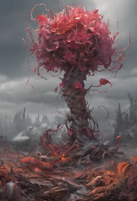 neon infused, futuristic aesthetic, exaggerated proportions, reflective surfaces, 4k highly detailed unreal engine render, in the midst of a desolate and barren landscape, a striking red flower blooms with an ominous presence. its vibrant hue contrasts sharply with the muted colors of its surroundings, drawing the eye immediately. however, upon closer inspection, one can notice a dark secret concealed within its petals. a blackened core, reminiscent of a festering wound, sits at the heart of this seemingly innocent bloom. the petals are slightly charred, as if they have been kissed by a small fire or exposed to extreme heat. each delicate layer has a story to tell, etched onto their surfaces in varying degrees of severity. the flower is not alone; it shares its space with several other blooms, all bearing the same scars. the background is a blurred tapestry of colors that hint at a chaotic scene. the faint outlines suggest the presence of people, possibly engaged in some form of conflict. the intensity of the colors suggests high emotions fear, anger, and even vengeance might be among them. the entire scene carries a sense of unease, as if the flower is a symbol of something much more sinister lurking beneath the surface. the charred edges of the petals serve as a stark reminder of the damage caused by intense feelings of rage and betrayal.