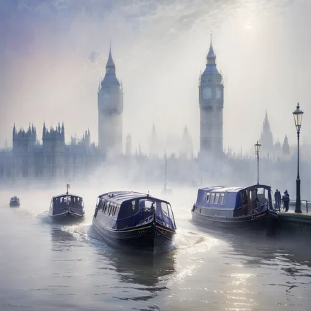 masterpiece, best quality, <lora:add-detail-xl:1>, <lora:ArsMJStylePony_-_Impressionism:1>, ArsMJStyle, impressionism, A misty morning on the Thames, with London shrouded in fog. The iconic silhouette of the Houses of Parliament looms in the background, while boats navigate the hazy waters. Streaks of early sunlight break through the mist, creating an ethereal, dreamlike atmosphere.