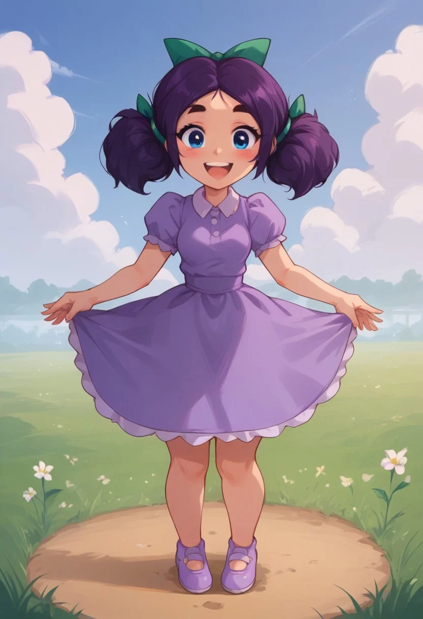 Score_9_up, score_8_up, score_7_up, (detailed face and eyes:1), Expressiveh, source_cartoon, dop style, looking at viewer, 1girl, small body, Short stature, chibi, thick thighs, narrow waist, small breasts, big ass, huge ass, standing, perfect teeth, smile, open eyes, perfect eyes, dressed, fully clothed, full body, 5 fingers, back side, back pose
BREAK: in a farm, blue sky, Sunny, clouds, grass
BREAK: 1 girl, solo, jas_stardew, purple hair, hairbow, twintails, blue eyes, purple dress
