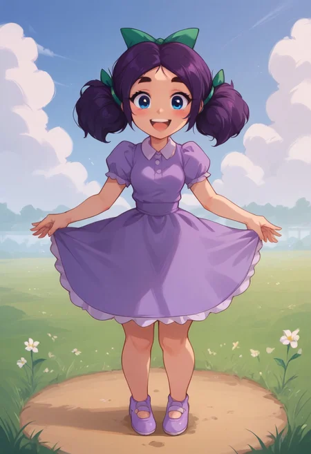 Score_9_up, score_8_up, score_7_up, (detailed face and eyes:1), Expressiveh, source_cartoon, dop style, looking at viewer, 1girl, small body, Short stature, chibi, thick thighs, narrow waist, small breasts, big ass, huge ass, standing, perfect teeth, smile, open eyes, perfect eyes, dressed, fully clothed, full body, 5 fingers, back side, back pose
BREAK: in a farm, blue sky, Sunny, clouds, grass
BREAK: 1 girl, solo, jas_stardew, purple hair, hairbow, twintails, blue eyes, purple dress