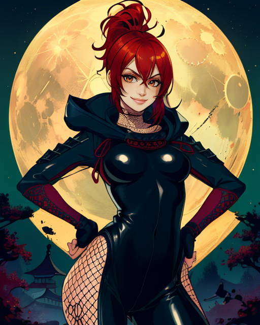 Mitsuki, red hair, ponytail, bangs, brown eyes,  standing, smiling,  hands on hips,  solo, upper body, 
MitNin, tight black bodysuit, fingerless gloves, hood down, fishnets, fishnets, kunai strap,
on Japanese building,  nighttime, moon, Sengoku period,
(insanely detailed, beautiful detailed face, masterpiece, best quality) <lora:Mitsuki-05:0.7>