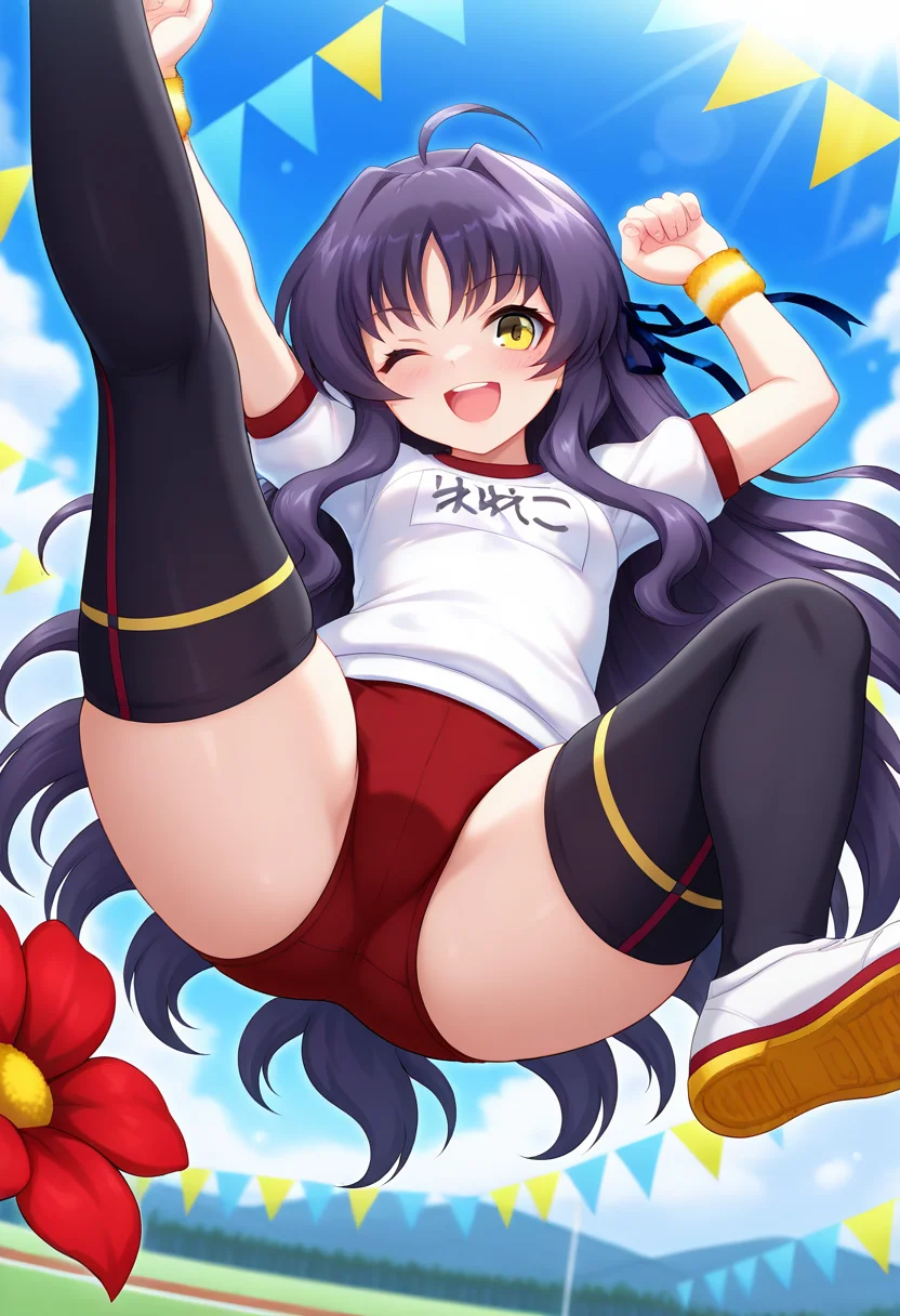 masterpiece, best quality, amazing quality, 1girl, solo, riekoww, short stature, petite, yellow eyes, purple hair, long hair, very long hair, dark blue hair ribbon, ahoge, small breasts, gym uniform, red buruma, yellow wristband, black thighhighs, <lora:Ookawa_Rieko_Hime-sama_Gomeirei_o_ill:0.8>, from below, dynamic pose, jumping, midair, knees up, blush, :d, smile, one eye closed, looking at viewer, outdoors, day, sunlight, blue sky, cloud, flower, skindentation, detailed clothing folds, depth of field, sharp, high contrast, dynamic light