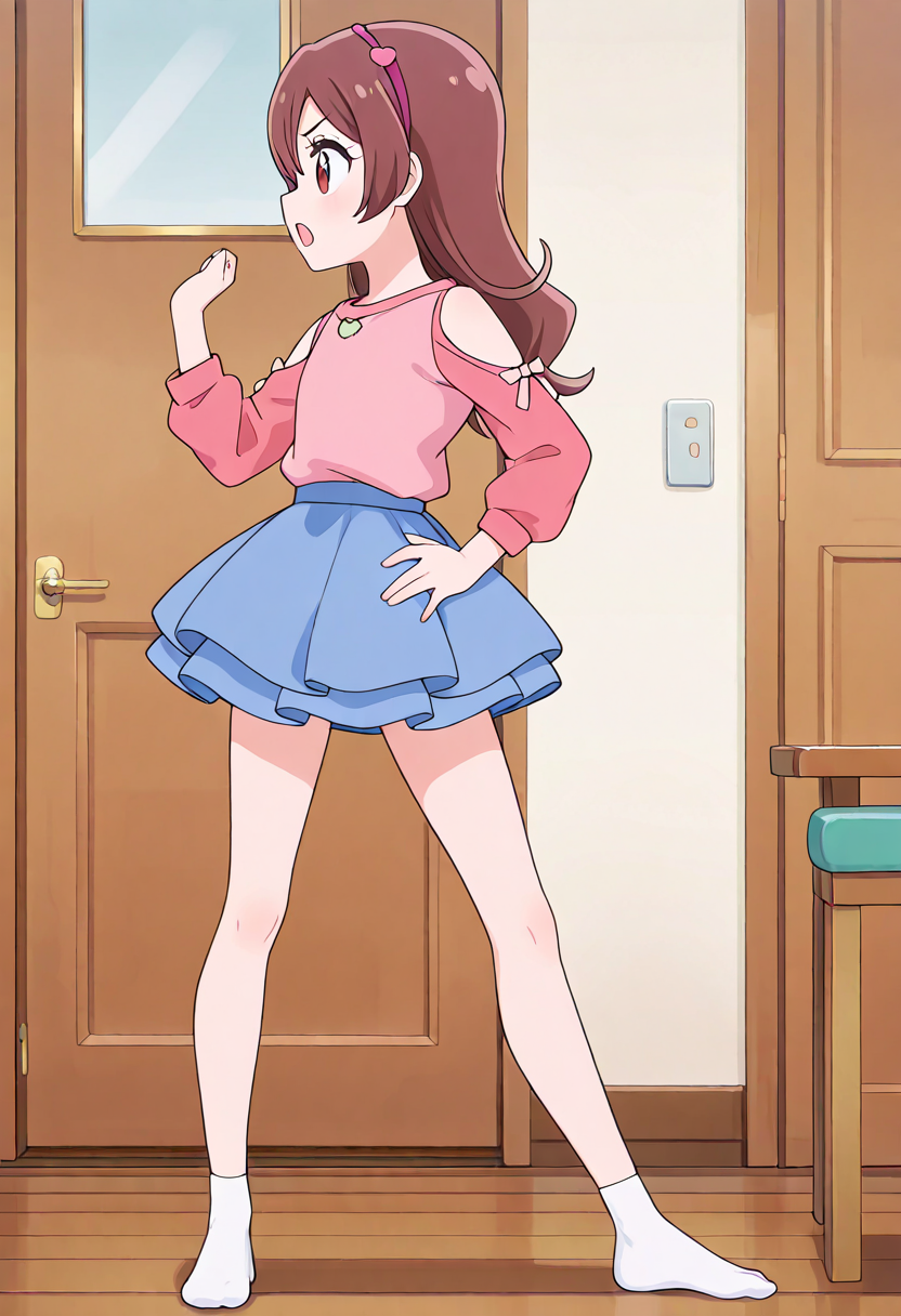 masterpiece, best quality, absurdres, very aesthetic, general,
sakura uta, casual, 1girl, solo, brown hair, long hair, open mouth, blue skirt, hair ornament, clothing cutout, hand on hip, white legwear, table, pink shirt, shoulder cutout, brown eyes, no shoes, standing, long sleeves, pink hairband, red eyes, profile, indoors, hand up, legs apart, full body, ribbon, wooden floor, bare shoulders, from side, v-shaped eyebrows, door, bow, miniskirt, pose, white socks, layered skirt, pink sweater, frilled skirt, walking, looking to the side
<lora:cure_idol_sakura_uta_illustXL_locon_v1:0.8>