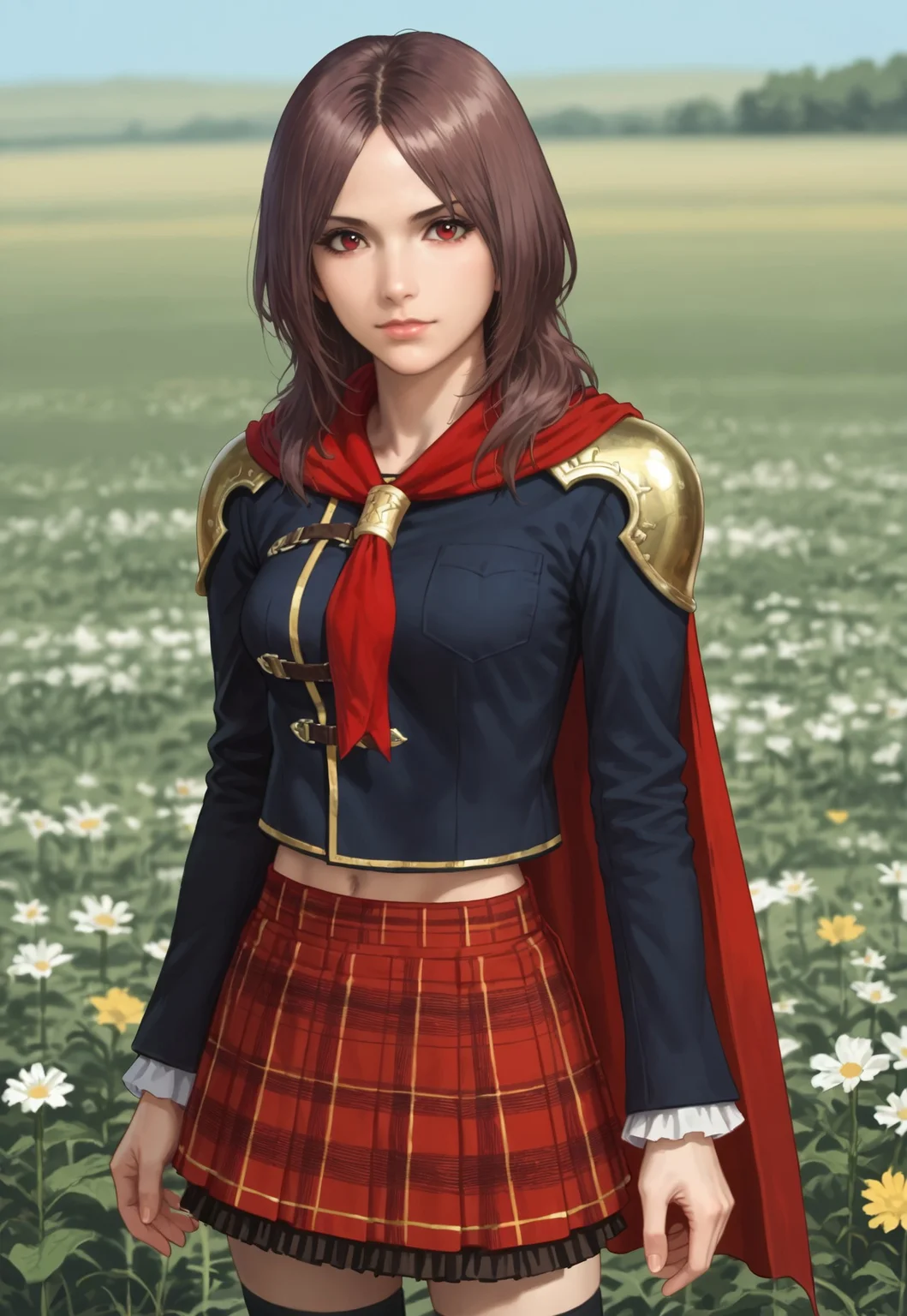 Score_9_up, score_8_up, score_7_up, source_realistic, BREAK head tilt, 1girl, solo, remfft0, brown hair, red eyes, breasts, uniform, jacket, shoulder armor, cape, plaid skirt, thighhighs, standing, field, flowers,