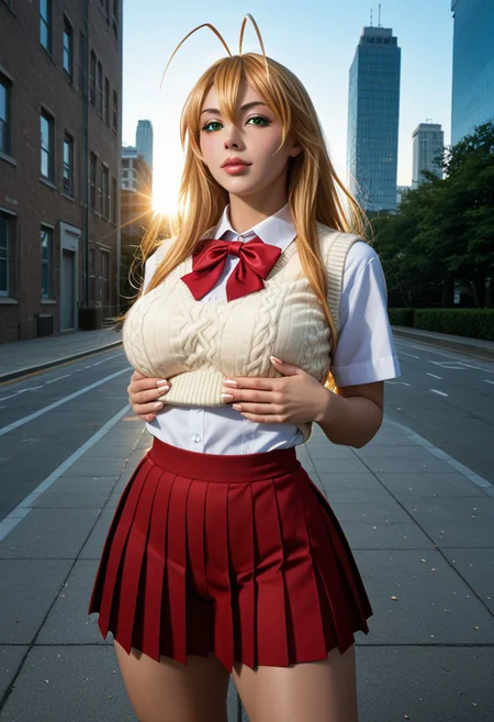 score_9, score_8, score_7, a high detail RAW color professional photo of a 18yo beautiful stunning woman posing for a picture, Expressiveh, hakufu, long hair, blonde hair, green eyes, hair between eyes, antenna hair, plump lips,luscious lips, perfect anatomy, wide hips, narrow waist, broad shoulders, muscular and voluptuous body, round breasts, breasts together, school uniform, sweater vest, white shirt, red bow, pleated skirt, red skirt, socks, white socks, loafers, outdoors, cityscape, blue sky, standing, pose, soft lighting, 8k, perfect lighting, cinematic lighting, highly detailed eyes, highly detailed pupils, highly detailed face, highly detailed skin texture, highly detailed facial features, highly detailed hair texture, highly detailed body, highly detailed hands and fingers, highly detailed nails, highly detailed background, full shot, looking at the viewer, f/2.8, 50mm focal length, ISO 200, photographed on a Canon EOS 90D Camera