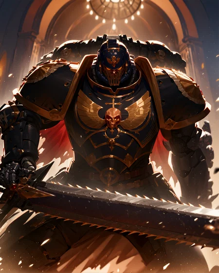 masterpiece, best quality, very aesthetic, absurdres
BREAK
gothic architecture in background, extremely detailed, absurdres, masterpiece, cel shading,
BREAK
full body, Space Marine, iron hands legion, portrait, charging forward, He is holding a 40kchainsword up. He is wearing a helmet, intricate Black Primer armor, silver trimmings, cross detailing, torn cape, mechanical arms, robotic gauntlets, black fur, plate armor, full armor, panoply, white hand symbol on shoulder_pad,
<lora:Astartes:1> <lora:Bad_Hands_lora:0.8> <lora:Bolter_-_Warhammer_40000_SDXL:0.6> <lora:sinfully_stylish_SDKL:1> <lora:Expressive_H:1>