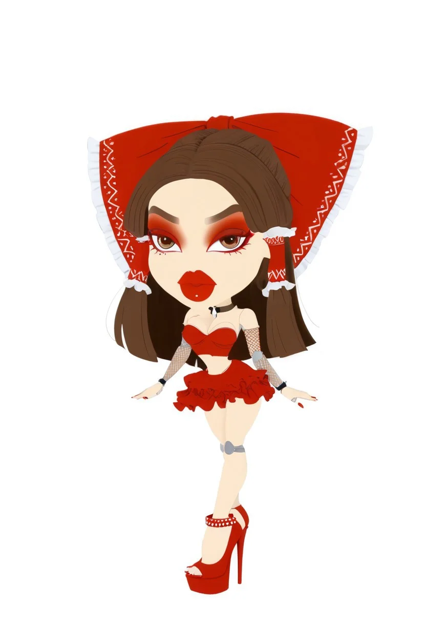 score_9,score_8_up,score_7_up,score_6_up,, bratzxl,Bratz doll with detailed eyes and big lips and brown curly rococo hair wearing versace colorful flowers red dress , (((realism, hyper-realistic, photo, realistic photograph, photorealistic))), face details, hyper realistic, beautiful face, sexy face, breasts, full body , plastic skin , (((doll joints))), (masterpiece, top quality, best quality, beautiful and aesthetic:1.2), (((hakurei_reimu_touhou))), doll, chibi, bimbo, (((big head))), 1girl, solo, breasts, curvy, wide hips, narrow waist, doll joints, lips, bow, hair_bow, hair_tubes, red_bow, brown_hair, long_hair, bangs, sidelocks, (((yellow ascot))), brown_eyes, frilled_bow, red skirt, beltskirt, thighhighs, hair_between_eyes, midriff, navel, (((makeup))), (((eyeshadow))), red eyeshadow, eyeliner, thick eyebrows, thick eyelashes, (((thick lips))),(((very thick lips))), bimbo lips, red lips, closed mouth, cowboy shot, (((earrings))), looking to the side, <lora:BratzXL:0.9>, high heels, platform heels, slutty_clothes, choker, thighhighs, fishnets, curvy, breasts, spiked choker, jewelry, bracelet, armlet, necklace, anklet, elbow gloves, belt, tube top, lingerie, cleavage, (((simple background))), (((white background))), transparent background, 3D,