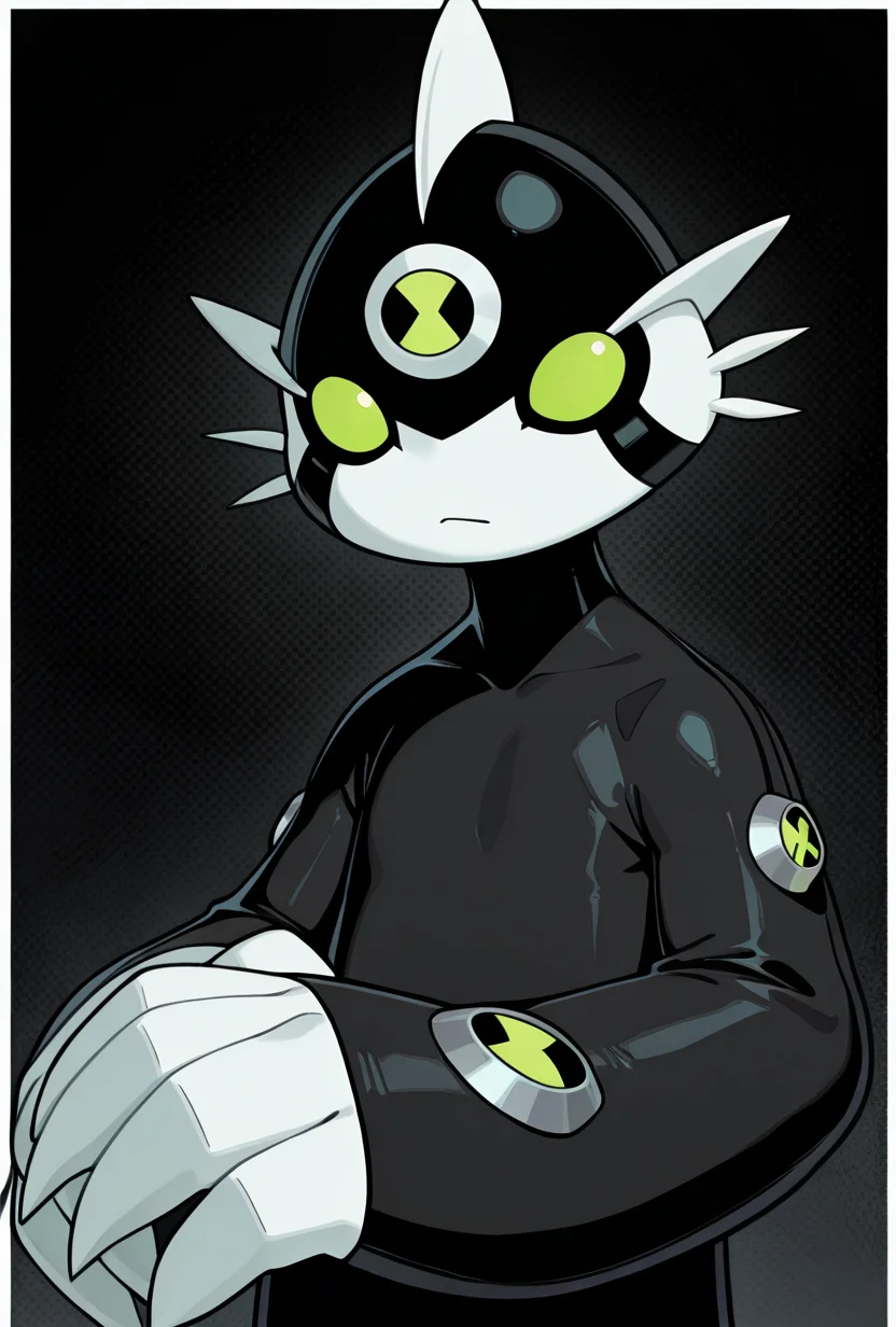 <lora:dito-08:1> dito, solo, no humans, green eyes, white claws, 1boy, black, big hands, white head fins, black arms, black head,, masterpiece, best quality, amazing quality, very aesthetic, absurdres, newest,, upper body, halftone effect, white borders, abstract background:1.2,