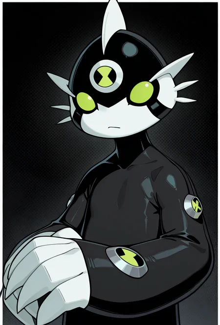 <lora:dito-08:1> dito, solo, no humans, green eyes, white claws, 1boy, black, big hands, white head fins, black arms, black head,, masterpiece, best quality, amazing quality, very aesthetic, absurdres, newest,, upper body, halftone effect, white borders, abstract background:1.2,