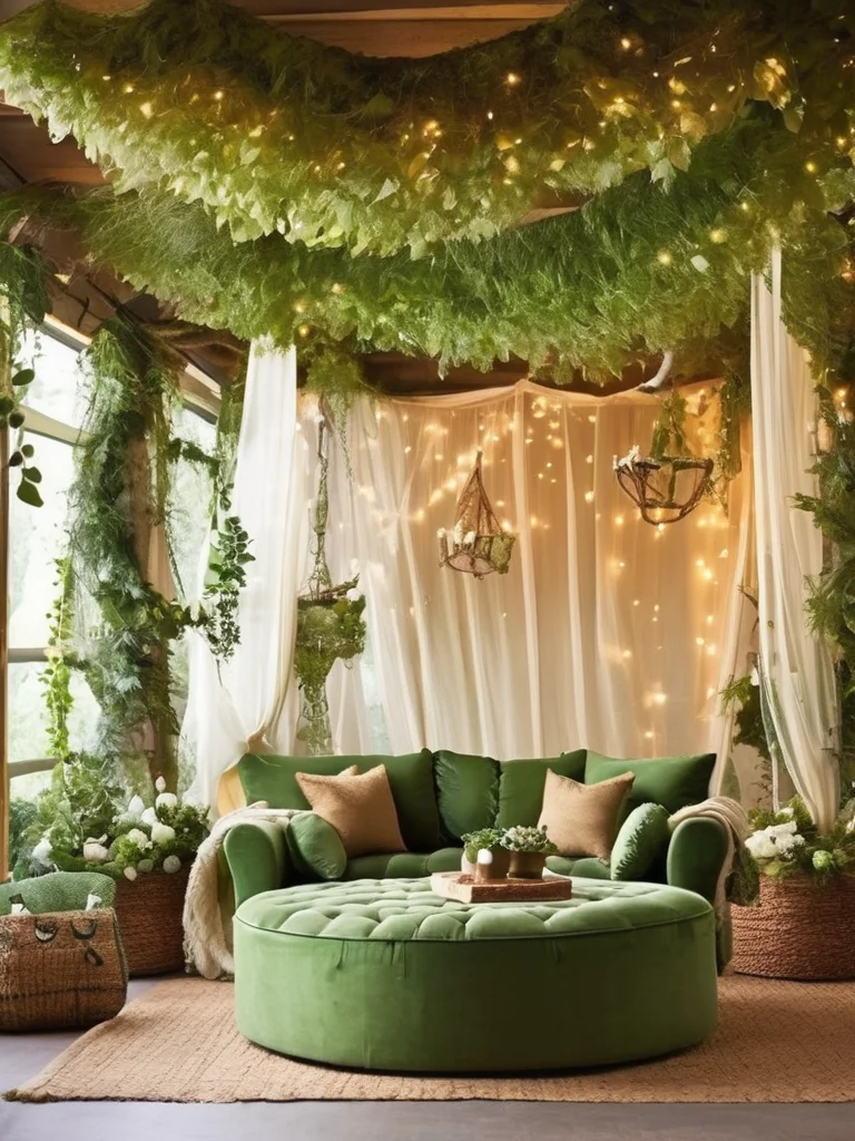 transform the living room into an enchanted forest by hanging sheer, green fabric from the ceiling to create a canopy effect, adding potted plants and trees, and using earthy tones and natural materials for the furniture and decor.