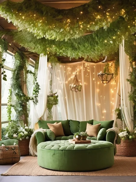 transform the living room into an enchanted forest by hanging sheer, green fabric from the ceiling to create a canopy effect, adding potted plants and trees, and using earthy tones and natural materials for the furniture and decor.