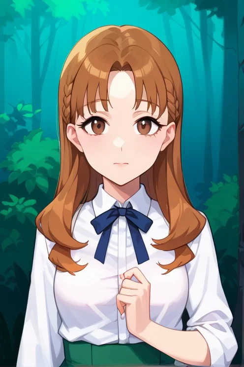 closed mouth, against the background of the forest, brown eyes