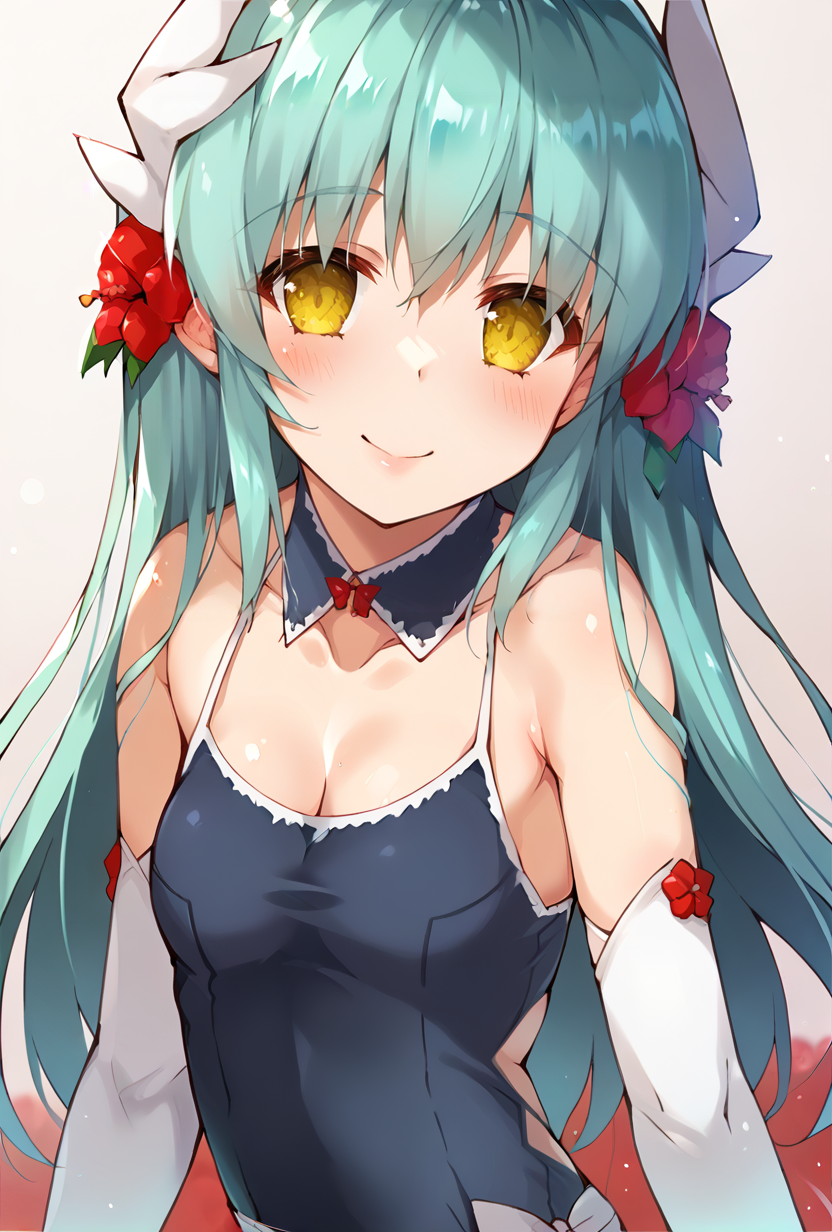 score_9,score_7_up,  <lora:kiyohime_(lancer)_XL_1:1>  bbkiyo, long hair, aqua hair, white horns, hair flower, red flower, yellow eyes, detached collar, cleavage, school swimsuit, blue one-piece swimsuit, elbow gloves, white gloves, sash, blush, smile,  white sash   <lora:yanagi yuu-Style-PonyXL-Dora-000035:1>