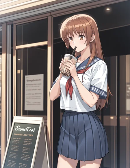 <lora:kasumi-illustrious-000010:1> kasfg, serafuku, red neckerchief, pleated skirt
1girl, solo, storefront, standing, bubble tea, drinking, drinking straw, summer, cowboy shot
masterpiece, best quality, masterpiece, best quality