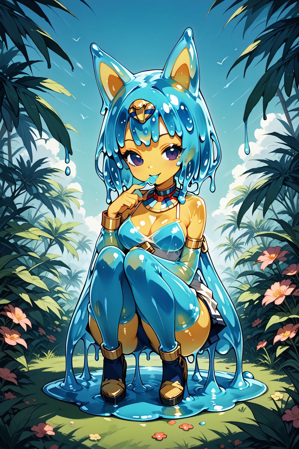 score_9, score_8_up, score_7_up, score_6_up, BREAK, 1girl,   full body,  slime girl, <lora:GooSkin:1> gooskin,  squatting, naughty face, ankha \(animal crossing\),