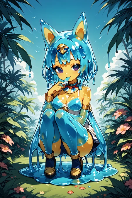score_9, score_8_up, score_7_up, score_6_up, BREAK, 1girl, full body, slime girl, <lora:GooSkin:1> gooskin, squatting, naughty face, ankha \(animal crossing\),