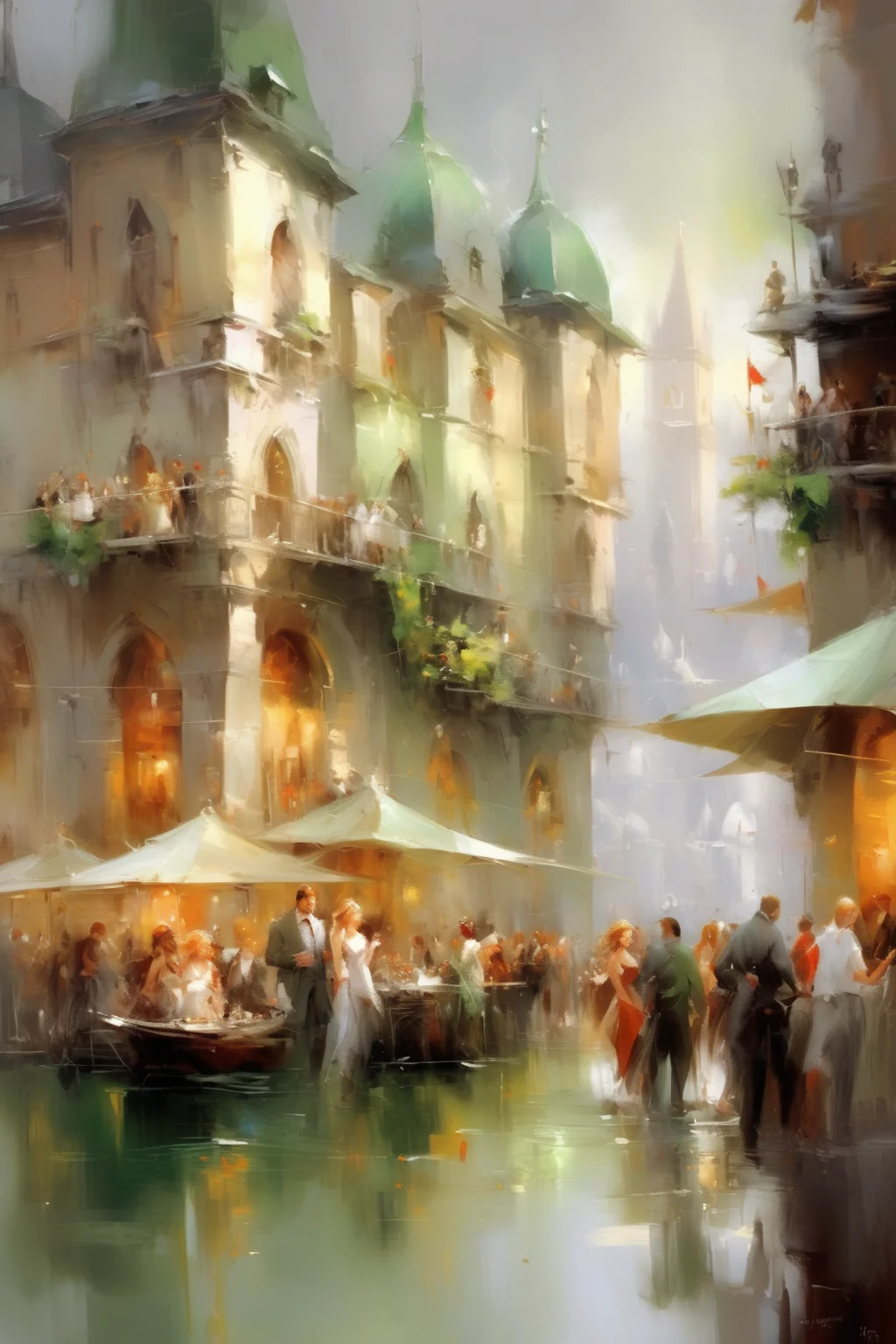 <lora:Willem Haenraets Style:1>Willem Haenraets Style - Fantasy city dockside inn on a crowded street. Tuscan italian renaissance period. People. Greenish grey accents. Abstract sharp Oil painting in the style of Willem Haenraets.