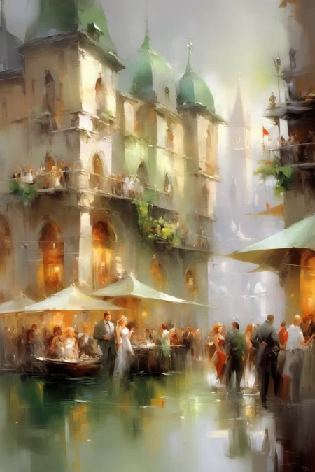 <lora:Willem Haenraets Style:1>Willem Haenraets Style - Fantasy city dockside inn on a crowded street. Tuscan italian renaissance period. People. Greenish grey accents. Abstract sharp Oil painting in the style of Willem Haenraets.