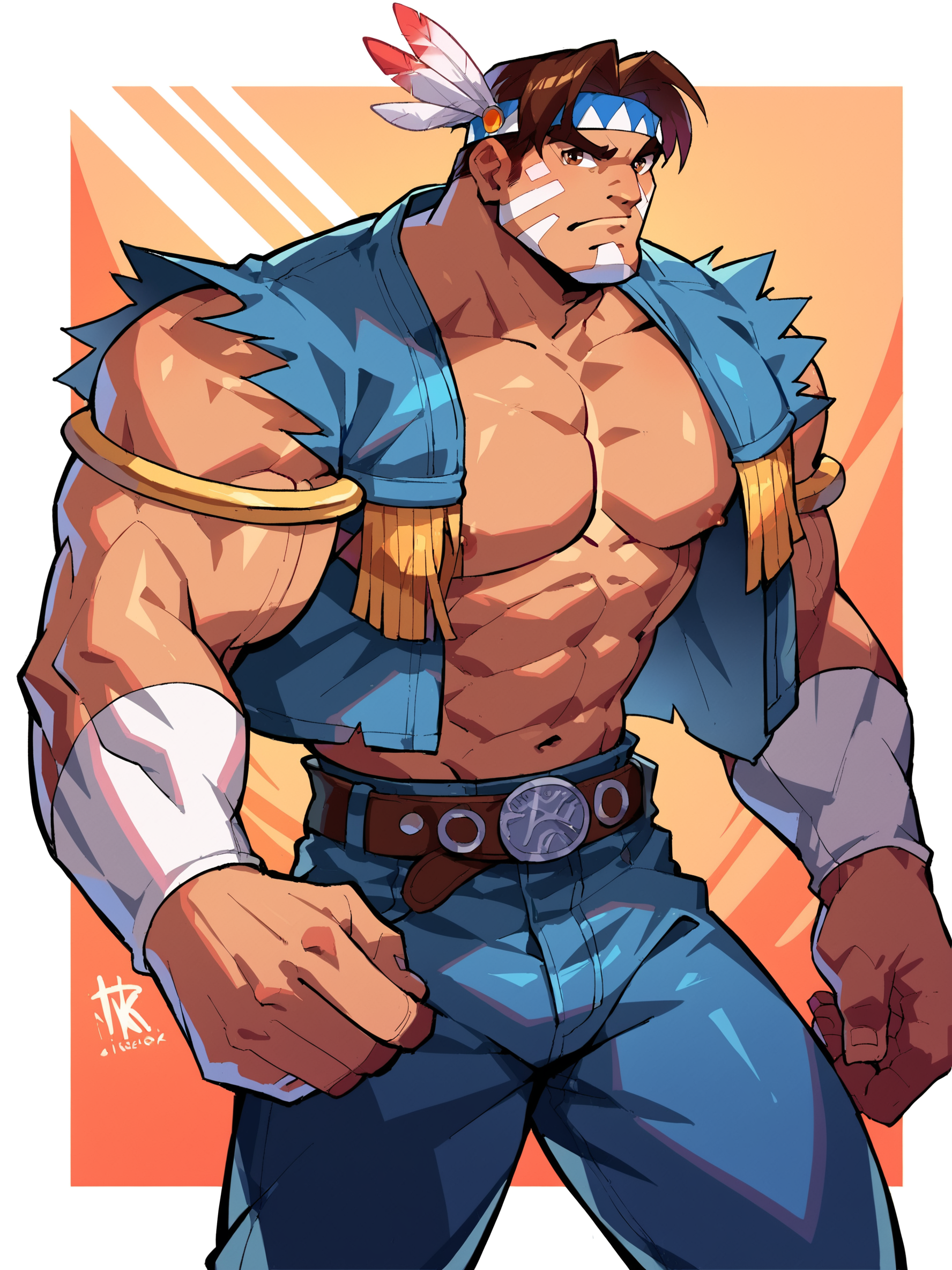 score_9, score_8up, score_7up, score_6up, score_5up, score_4up, abstract background, source_cartoon, rating_explicit, BREAK
solo, male, 1boy, sf2thawk, brown hair, headband, feathers, brown eyes, barazoku, muscular male, blue vest, jeans, BREAK
 <lora:T._Hawk__Thunder_Hawk_-_Street_Fighter_-_PDXL:1>