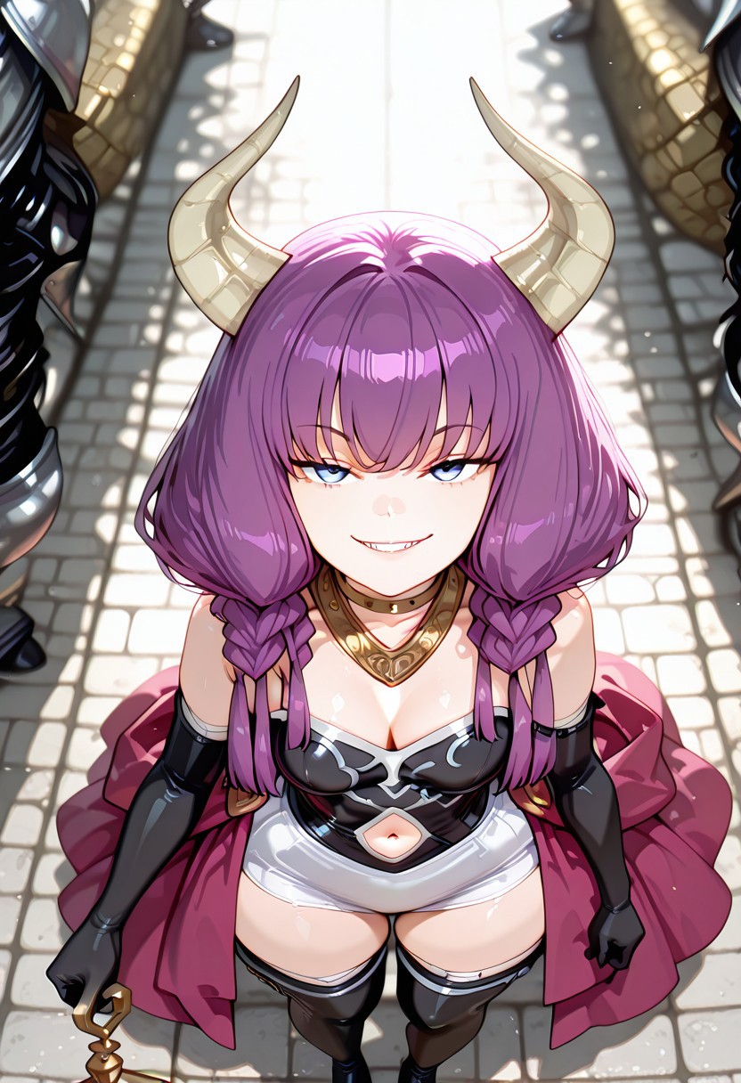 artist:moriimee, masterpiece, best quality, amazing quality, full body, extremely detailed face, perfect lighting, extremely detailed CG, (perfect hands, perfect anatomy), 8k, Ultra-HD, pov, from above, solo,
BREAK,
1girl, AuraSSnF, purple hair, low-braided long hair, blue eyes, demon horns, perfect face, light smile, smug, teeth, neck ring, necklace, black corset, small breasts, cleavage, navel cutout, white skirt, overskirt, purple skirt, elbow gloves, black gloves, thigh boots, black footwear, arm at side, holding scale, balancing scale, scales in balance, standing, narrow waist, huge ass, wide hips, looking at viewers, 
BREAK,
BREAK, outdoors, detailed background, blurry background, multiple others, headless, knight, blurry, standing,