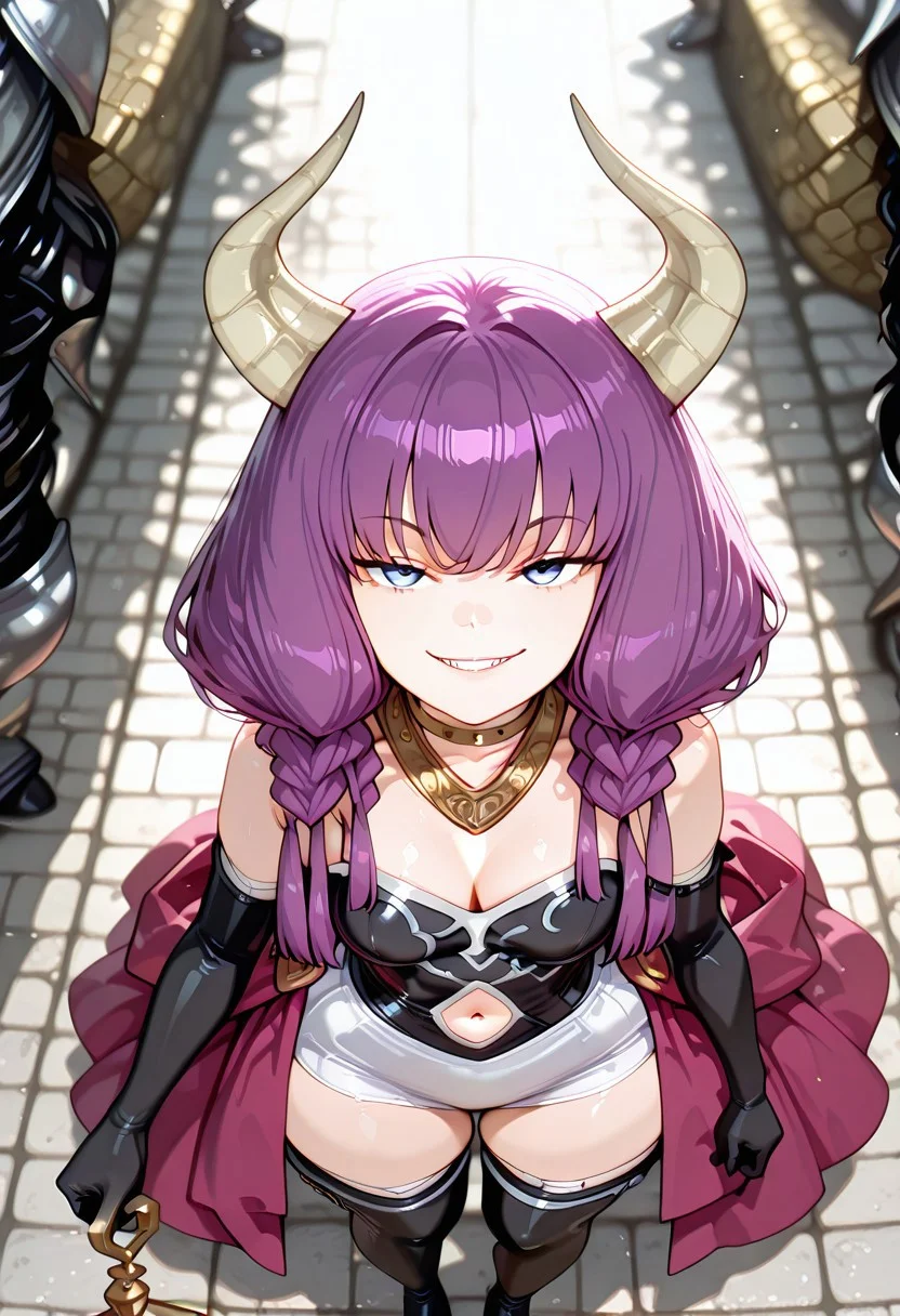 artist:moriimee, masterpiece, best quality, amazing quality, full body, extremely detailed face, perfect lighting, extremely detailed CG, (perfect hands, perfect anatomy), 8k, Ultra-HD, pov, from above, solo,
BREAK,
1girl, AuraSSnF, purple hair, low-braided long hair, blue eyes, demon horns, perfect face, light smile, smug, teeth, neck ring, necklace, black corset, small breasts, cleavage, navel cutout, white skirt, overskirt, purple skirt, elbow gloves, black gloves, thigh boots, black footwear, arm at side, holding scale, balancing scale, scales in balance, standing, narrow waist, huge ass, wide hips, looking at viewers,
BREAK,
BREAK, outdoors, detailed background, blurry background, multiple others, headless, knight, blurry, standing,