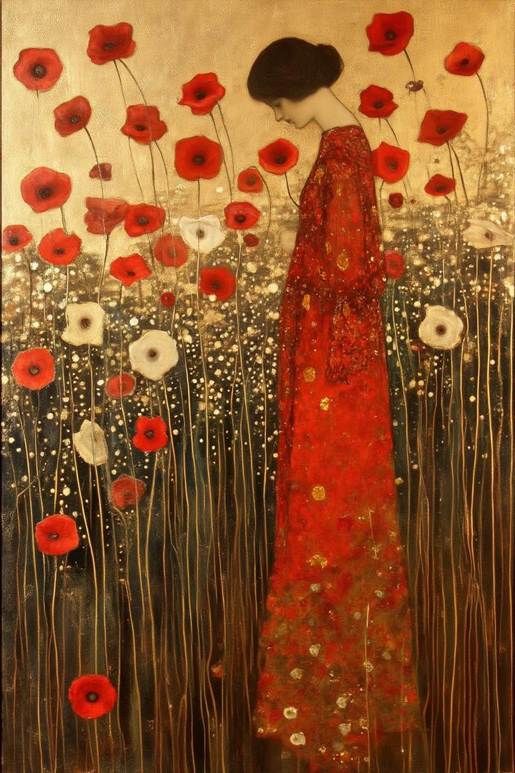 kl1mt painting.
A woman standing in a field of tall, slender flowers. She is depicted in profile, wearing a long, flowing red dress with intricate patterns. <lora:kl1mt_cap_d6a3e12:1.0><lora:823252025841246097:0>