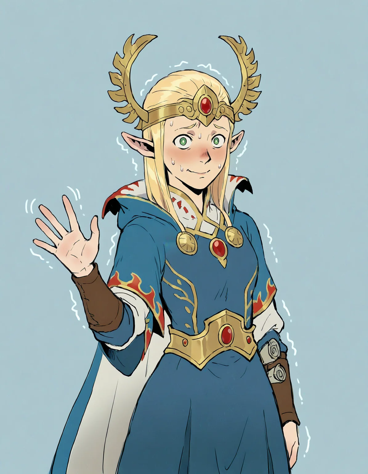 masterpiece, good quality, best quality, 2d, anime, marcille donato, dungeon meshi, blue background,
looking at viewer, hearchmage, solo, (helmet), armor, cape, nervous sweating, nervous smile, trembling, waving, cowboy shot,
<lora:HEArchmage_Vpred:0.75>