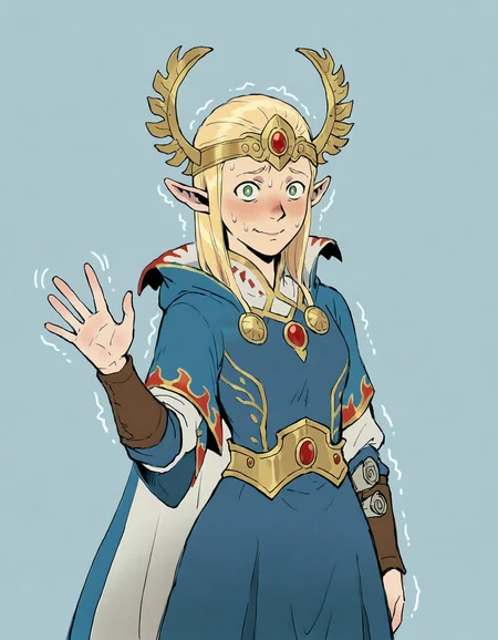 masterpiece, good quality, best quality, 2d, anime, marcille donato, dungeon meshi, blue background,
looking at viewer, hearchmage, solo, (helmet), armor, cape, nervous sweating, nervous smile, trembling, waving, cowboy shot, 
 <lora:HEArchmage_Vpred:0.75>