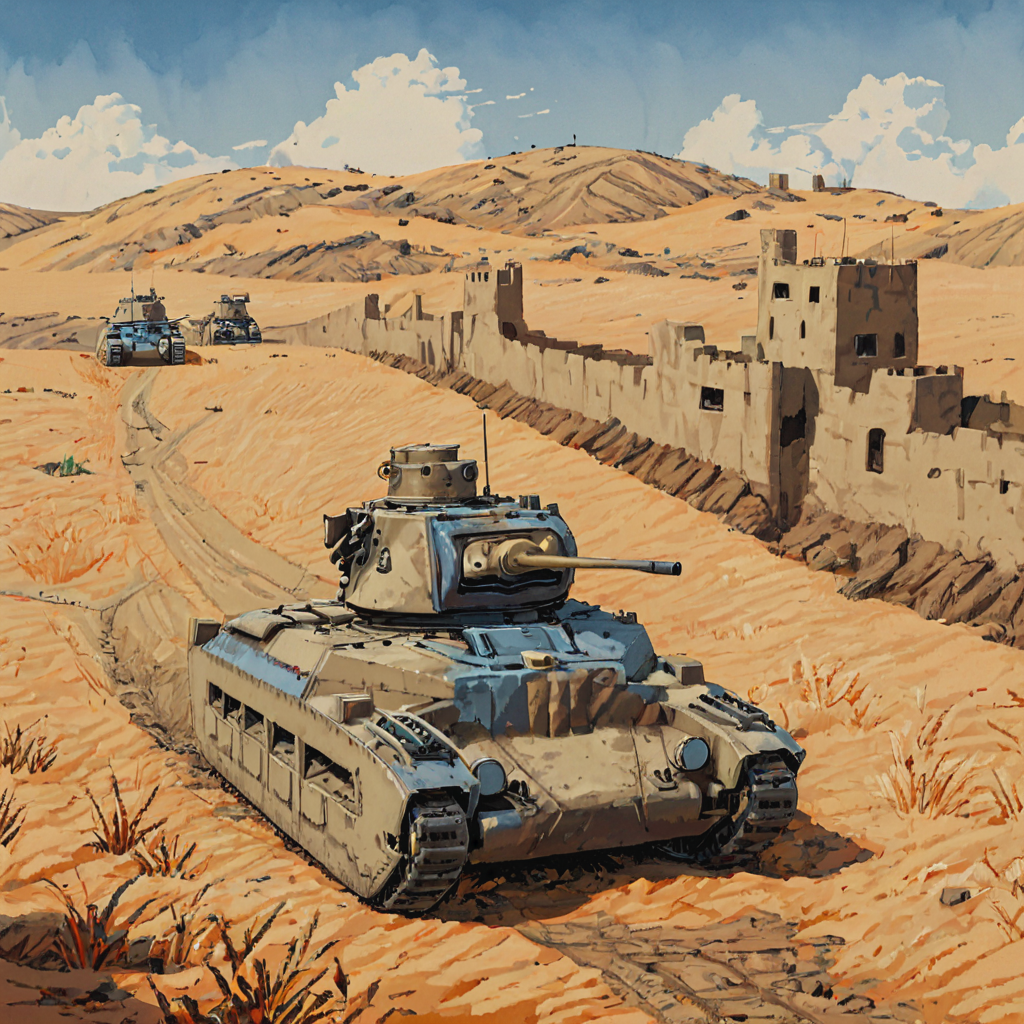A scene from the Siege of Tobruk, with a mtldtnk tank patrolling the perimeter defenses of the besieged city. Sandbags, barbed wire, and artillery pieces dot the landscape, highlighting the tank's contribution to the Allied defense against Axis advances  ((pulp_comic, heavy_lines, hand_drawn, hand_inked, hand_colored, perfect_face, apxlz))