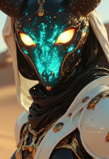 A apoclypse surreal cyberpunk setting under a gritty bleaked beige and blue-turqoise misty desert sunset, a Closeup Portrait of an eerie horned hkgod sci-fi shinobi nun-scout with billowing octopus backpack in a sandstorm, their holographic crystalline mask glinting like shattered rainbows. Iridescent black amber teal energy veins pulse across their form. The atmosphere is thick with heat distortion, glowing particles floating in the air. dark atmospheric lighting, white cybernetic armor. Wielding a massive sss great sword with intricate translucent engravings, hknuns