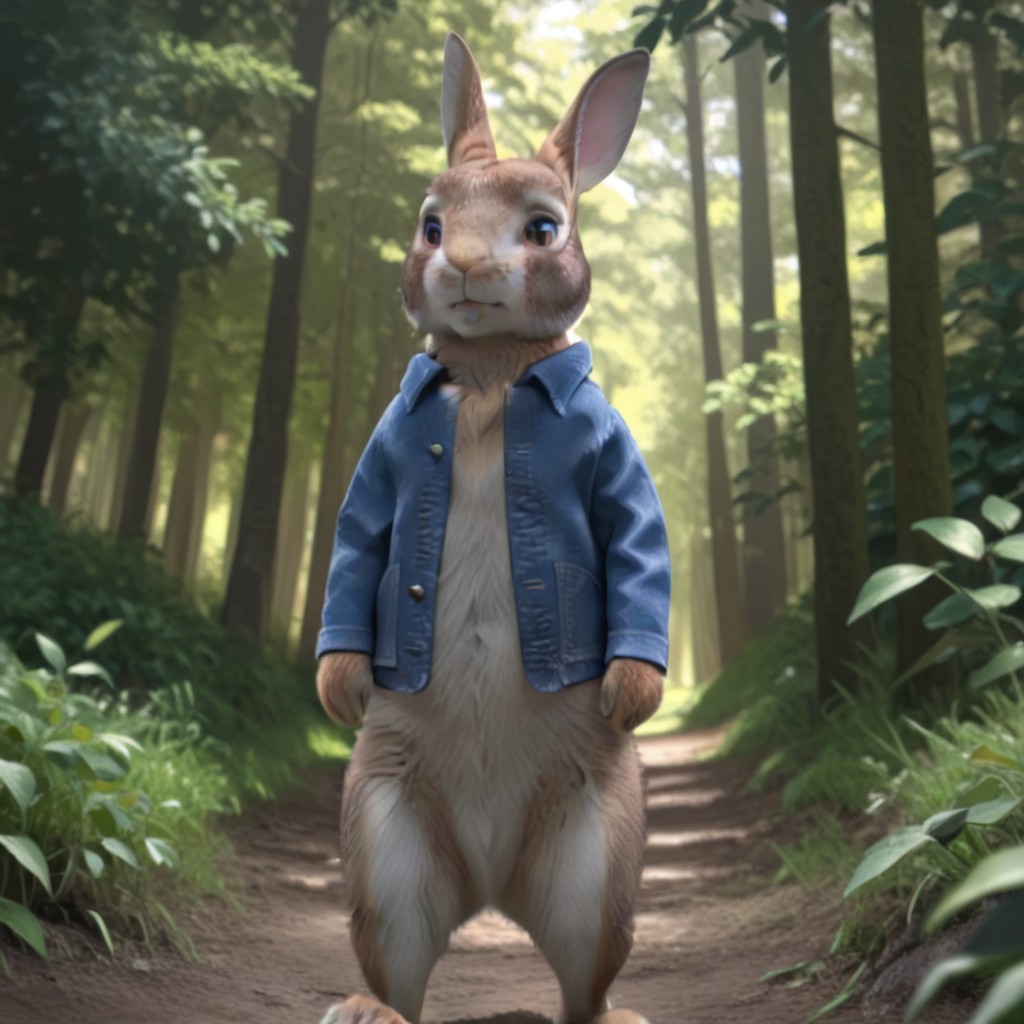masterpiece, best quality, amazing quality, PeterRbbt18il, semi-anthro, male, rabbit_boy, brown fur, brown eyes, denim jacket, standing, in forest, , <lora:0196566e-889f-487b-9340-d6e3c429dfaa:1.0>