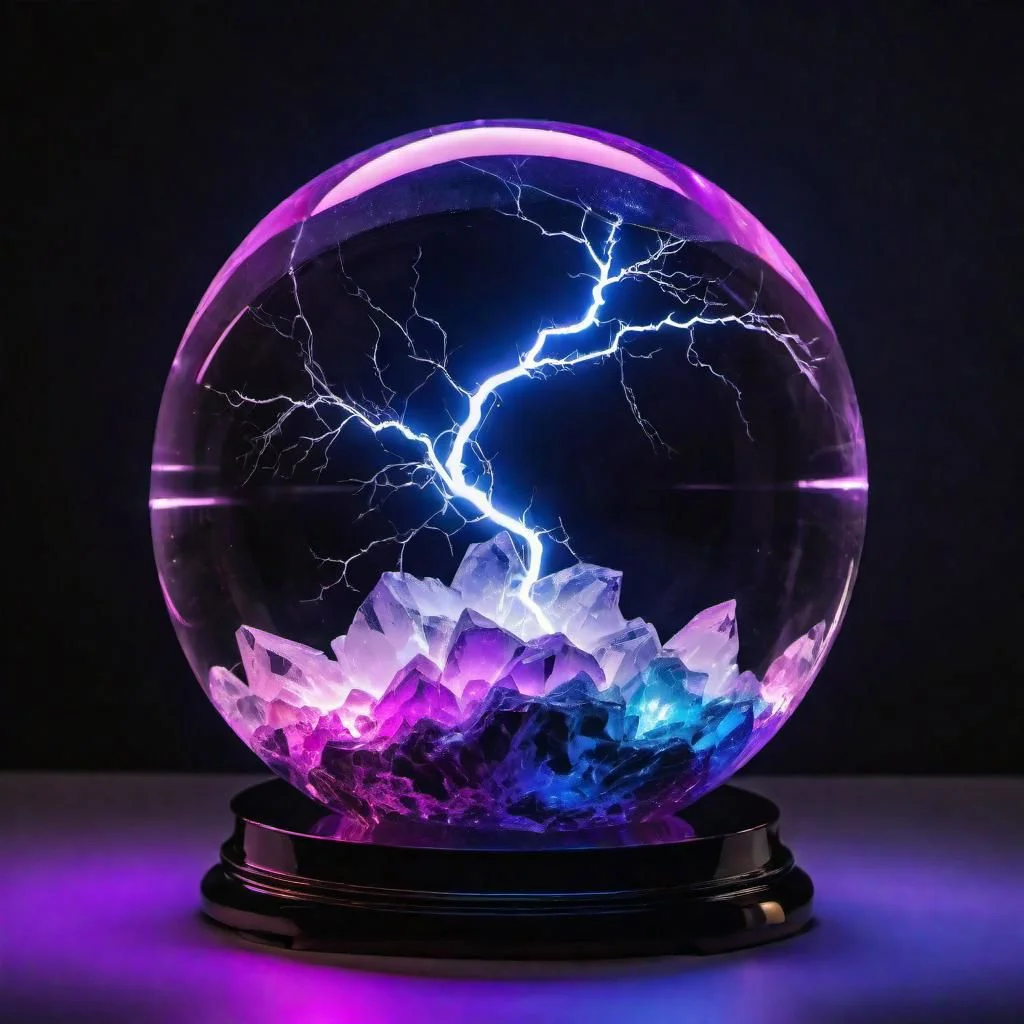 A beautiful translucent pale orb containing lightning, crystal clear, Fancey stand, time distortion, high quality, RGB the everything
