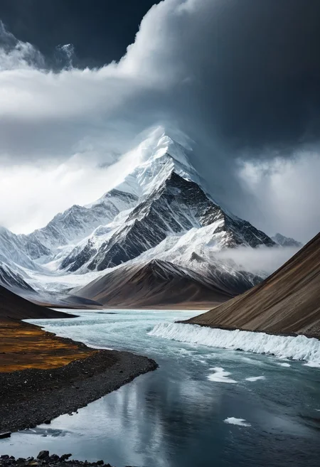 Tibet. A huge mountain with a snowy peak rises from behind. Black clouds, cloudy, gloomy atmosphere, wind.Black clouds, Transparency, reflections, water, overcast, gloomy atmosphere, wind, ragged fog. The mountain looms over and overwhelms with its gigantic power. A huge avalanche is rushing down from the top., futuristic atmosphere. Perfect Composition, A masterpiece. An otherworldly atmosphere.