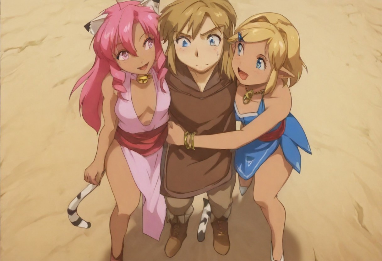 1boy, 2girks, Pink_DragonPink, 1girl, sleeveless dress, white tiger print dress, pelvic curtain, cleavage, cat ears, cat bell necklace, bright pink hair, tanned, white tiger tail, red sash, small breasts, leather shoes, masterpiece, very aesthetic, <lora:pink-illustrious:1>, open mouth smile, single fang showing, 
Break
1boy,Anime screencap,link (zelda),blonde hair,blue eyes,pointy ears, low ponytail, sidelocks, blue hyilian tunic,
Break
natsuki, pink hair, short hair, hair ornament, two side up, hairclip, pink eyes, x hair ornament, small breasts, blazer, brown sweater, collared shirt, neck ribbon, blue skirt
Outdoor medieval festival, hylian flags being flown, sunny day, FFM76hug, sandwiched, hug, standing, natsuki and pink hug link,