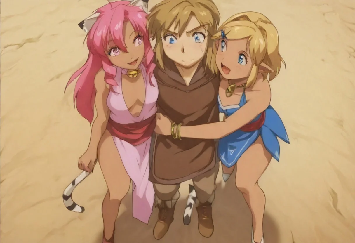 1boy, 2girks, Pink_DragonPink, 1girl, sleeveless dress, white tiger print dress, pelvic curtain, cleavage, cat ears, cat bell necklace, bright pink hair, tanned, white tiger tail, red sash, small breasts, leather shoes, masterpiece, very aesthetic, <lora:pink-illustrious:1>, open mouth smile, single fang showing,
Break
1boy,Anime screencap,link (zelda),blonde hair,blue eyes,pointy ears, low ponytail, sidelocks, blue hyilian tunic,
Break
natsuki, pink hair, short hair, hair ornament, two side up, hairclip, pink eyes, x hair ornament, small breasts, blazer, brown sweater, collared shirt, neck ribbon, blue skirt
Outdoor medieval festival, hylian flags being flown, sunny day, FFM76hug, sandwiched, hug, standing, natsuki and pink hug link,