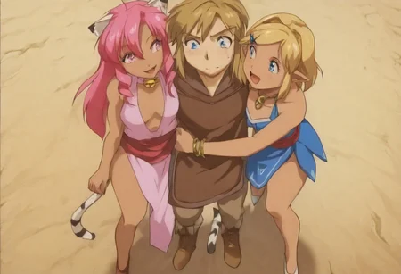 1boy, 2girks, Pink_DragonPink, 1girl, sleeveless dress, white tiger print dress, pelvic curtain, cleavage, cat ears, cat bell necklace, bright pink hair, tanned, white tiger tail, red sash, small breasts, leather shoes, masterpiece, very aesthetic, <lora:pink-illustrious:1>, open mouth smile, single fang showing,
Break
1boy,Anime screencap,link (zelda),blonde hair,blue eyes,pointy ears, low ponytail, sidelocks, blue hyilian tunic,
Break
natsuki, pink hair, short hair, hair ornament, two side up, hairclip, pink eyes, x hair ornament, small breasts, blazer, brown sweater, collared shirt, neck ribbon, blue skirt
Outdoor medieval festival, hylian flags being flown, sunny day, FFM76hug, sandwiched, hug, standing, natsuki and pink hug link,