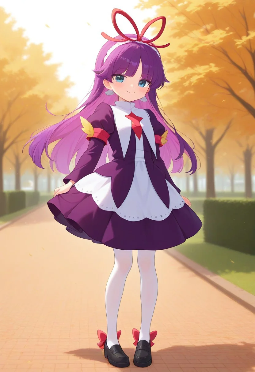 <lora:PFeli_SDXL_Illustrious01_fp16_ver01:1>,PFeli, 1girl, long hair,purple hair, white pantyhose, dress,red ribbon, blue eyes, black footwear, long sleeves, red bow, hairband, cute pose, smile, standing, park, look at viewer, lovely, cute, adorable, newest, masterpiece, best quality, very aesthetic, absurdres,<lora:detailed_hands:1>,hand