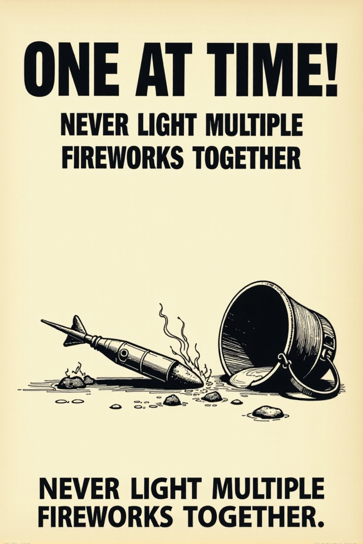 A vintage poster with a clear, simple illustration of a firework rocket lying horizontally on the ground next to a tipped-over bucket of water. Flames are subtly depicted near the rocket. Bold, black text on a white background warns: "ONE AT A TIME! Never Light Multiple Fireworks Together." Emphasize the potential for chaos and danger with multiple ignitions.  <lora:REMEs_War_Poster_Style:0.95> In REME's War Poster Style,âââ