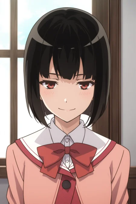 score_9, score_8_up, score_7_up, score_6_up, score_5_up, source_anime, rating_safe, indoors, 1girl, solo, medium breasts, looking at viewer, <lora:age_slider_v4:2>, yagami kagami, black hair, short hair, bob cut, red eyes, school uniform, pink uniform, white collar. pink bowtie, pink jacket, pink shirt, pink skirt, pleated skirt, black kneehighs, loafers, <lora:Kagami_Yagami:0.7>, smile