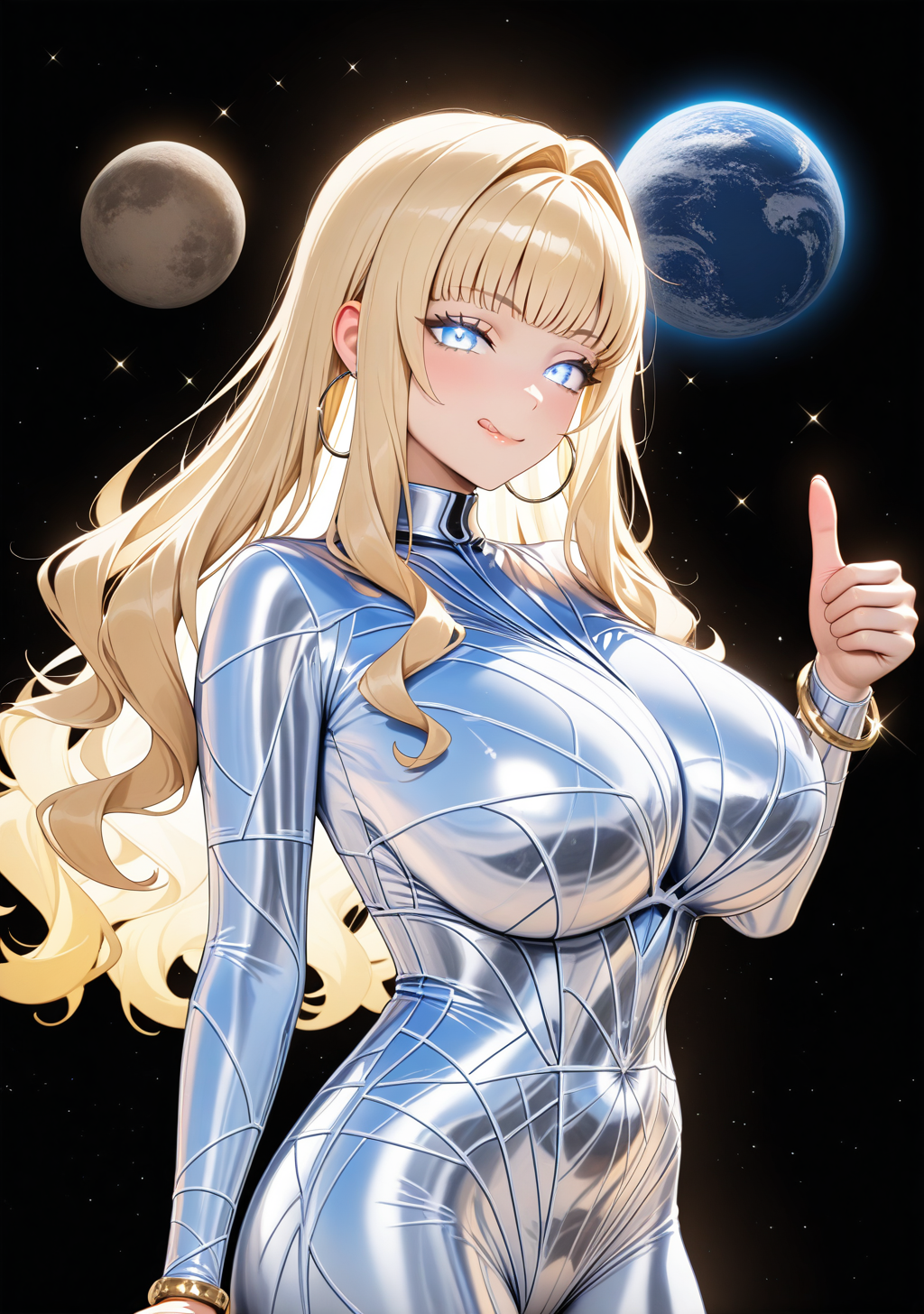 masterpiece, best quality, absurdres, perfect lighting,shiny skin,<lora:spo_sdxl_10ep_4k-data_lora_webui:0.6>,1girl,huge breasts,veena,long hair,bangs,hair intakes,wavy hair, blue eyes,blonde hair,<lora:veena_illu:0.9>,jewelry,bracelet,hoop earrings, hair, glowing eyes,glowing hair,star \(sky\),planet, light particles,starry sky, venus \(planet\),space, black background,sparkle,backlighting, hud_js2,bodysuit,looking at viewer,licking lips,thumbs up,<lora:silver_bodysuit:0.8>