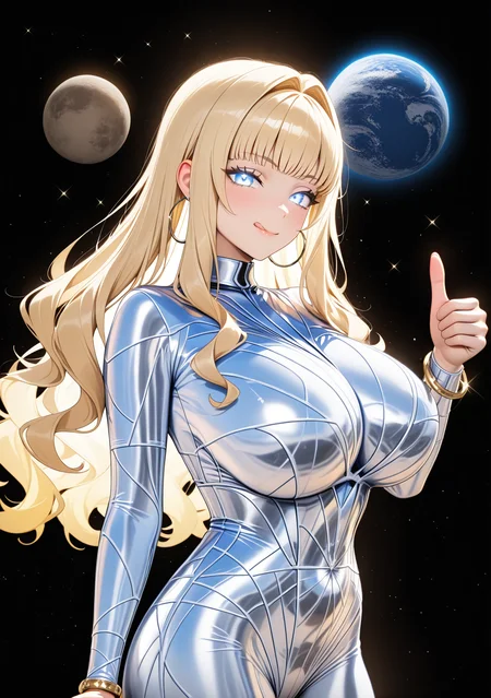 masterpiece, best quality, absurdres, perfect lighting,shiny skin,<lora:spo_sdxl_10ep_4k-data_lora_webui:0.6>,1girl,huge breasts,veena,long hair,bangs,hair intakes,wavy hair, blue eyes,blonde hair,<lora:veena_illu:0.9>,jewelry,bracelet,hoop earrings, hair, glowing eyes,glowing hair,star \(sky\),planet, light particles,starry sky, venus \(planet\),space, black background,sparkle,backlighting, hud_js2,bodysuit,looking at viewer,licking lips,thumbs up,<lora:silver_bodysuit:0.8>
