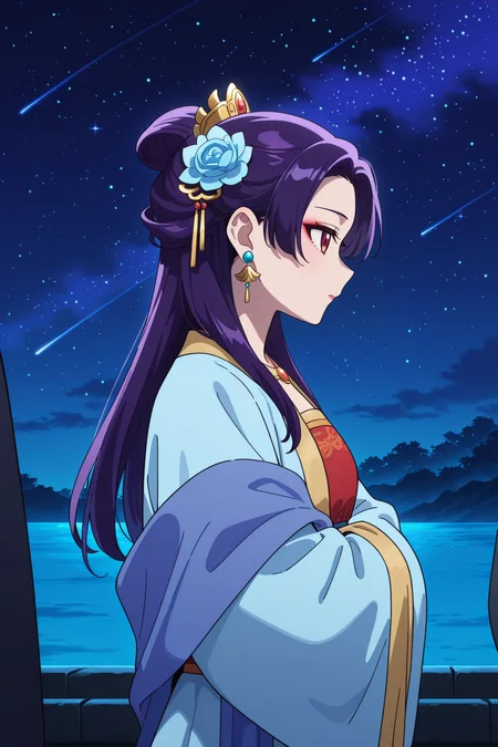 <lora:ApothecaryDiaries:1>, ApothecaryDiaries, 1girl, jewelry, earrings, hair ornament, long hair, chinese clothes, hanfu, blue hair, night, sky, makeup, red eyes, profile, sash, long sleeves, night sky, from side, hair flower, shawl, hair bun, solo focus, star \(sky\), wide sleeves, closed mouth, single hair bun, purple hair, hands in opposite sleeves,