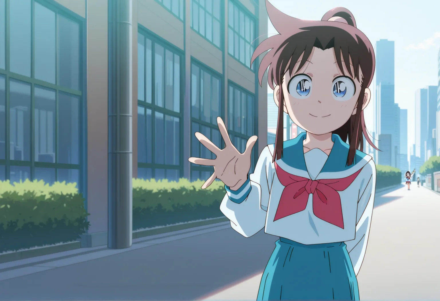 anime screencap, anime screenshot, anime coloring, cowboy shot, 1girl, brown hair, long hair, sidelocks, ponytail, blue eyes, serafuku, outdoors, city, looking at viewer, waving, smile <lora:saya_yaiba:1>, masterpiece, best quality, amazing quality, very aesthetic, absurdres, highres, newest