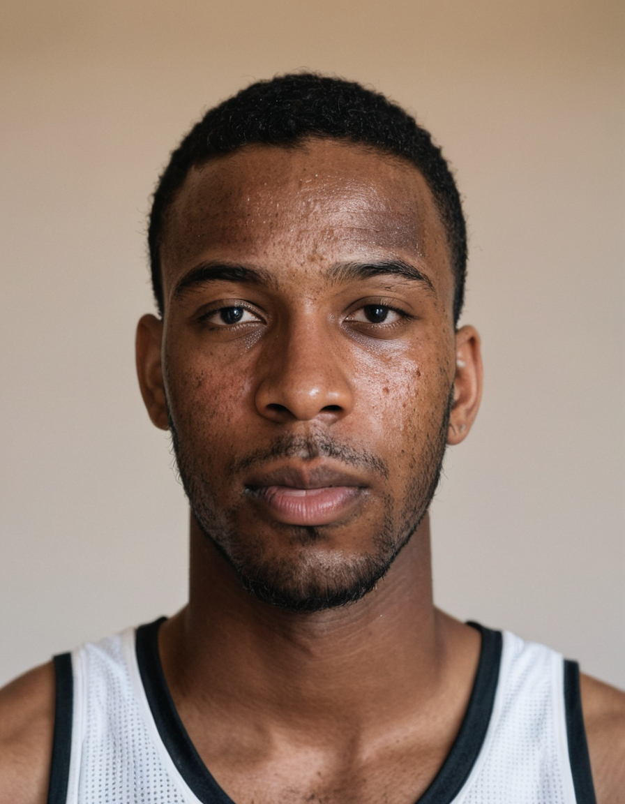 Sport photograph of a black male basketbal player, african, with acne on his face, Basketbal Arena, portrait,, <lora:275FAB00CB:0.5> Detailed natural skin and blemishes without-make-up and acne