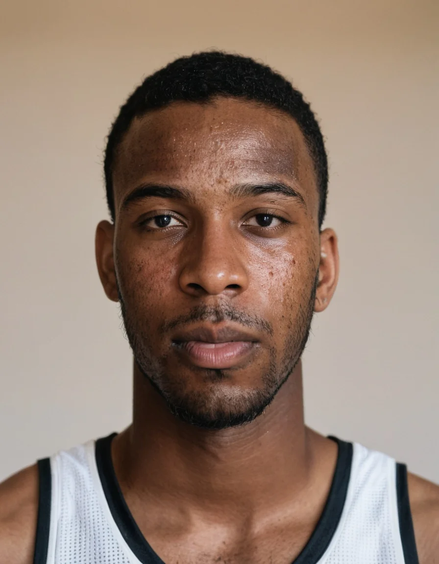 Sport photograph of a black male basketbal player, african, with acne on his face, Basketbal Arena, portrait,, <lora:275FAB00CB:0.5> Detailed natural skin and blemishes without-make-up and acne