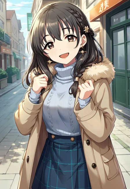 score_9, score_8_up, score_7_up, source_anime, fujiwara hajime, black hair, brown eyes, long hair, 1girl, jewelry, earrings, solo, braid, smile, turtleneck, looking at viewer, skirt, sweater, open mouth, coat