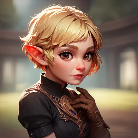 (((beautiful, high quality))), upper Body, score_9, score_8_up, score_7_up,
halfling, short stature, pointed ears, big eyes,
1girl, brown eyes, short hair, blonde hair, black top, gloves, fantasy clothes,
looking at the viewer, posing, blurred background, blurred fantasy background,