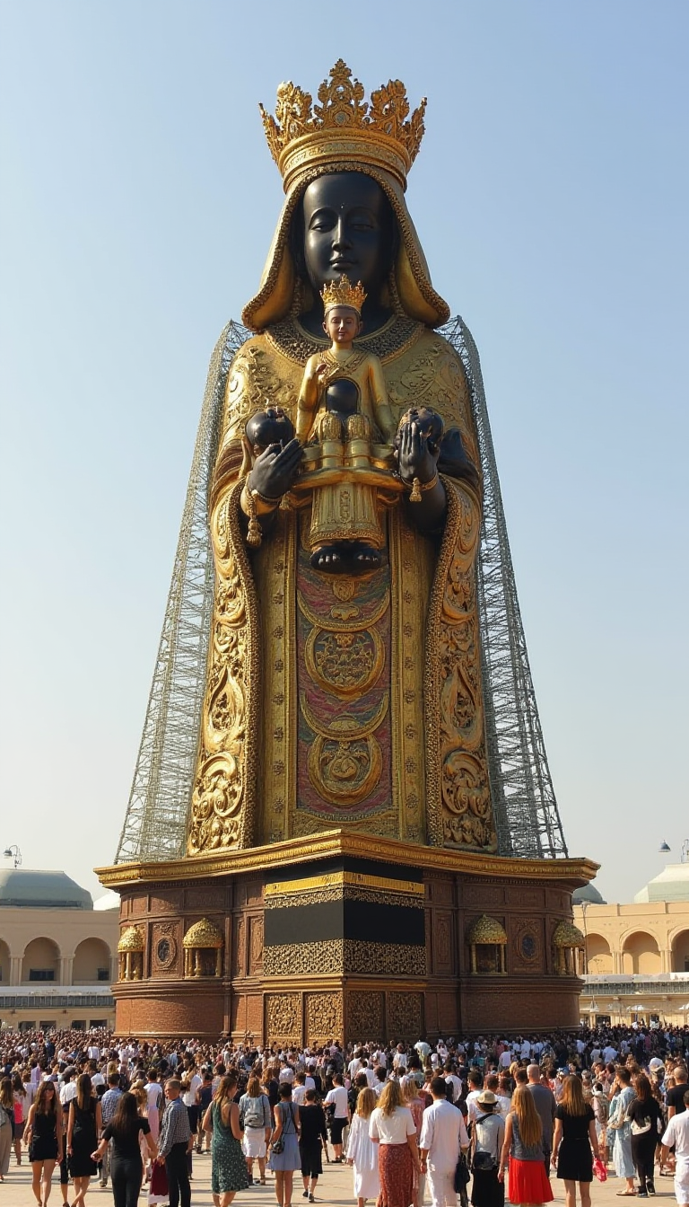 Reminiscent of a giant buddha statue, a giant statue of the @blckmdnna1 madonna and child with people circumnavigating the kaaba
<lora:blackmadonna.v1.@blckmdnna1.style.flux1d_epoch_7:0.6>