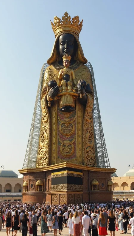 Reminiscent of a giant buddha statue, a giant statue of the @blckmdnna1 madonna and child with people circumnavigating the kaaba
<lora:blackmadonna.v1.@blckmdnna1.style.flux1d_epoch_7:0.6>